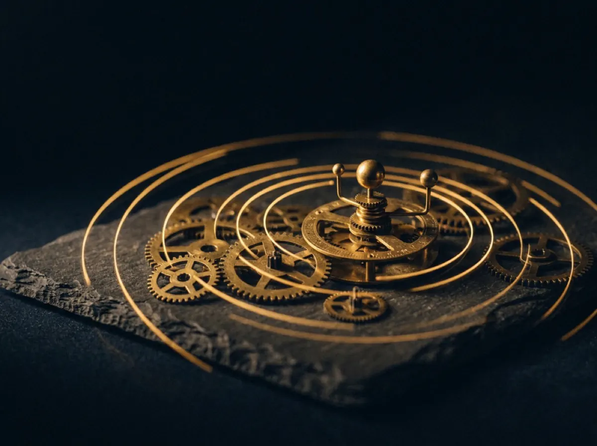 Ein Astrolabium aus Messing mit ineinandergreifenden Ringen